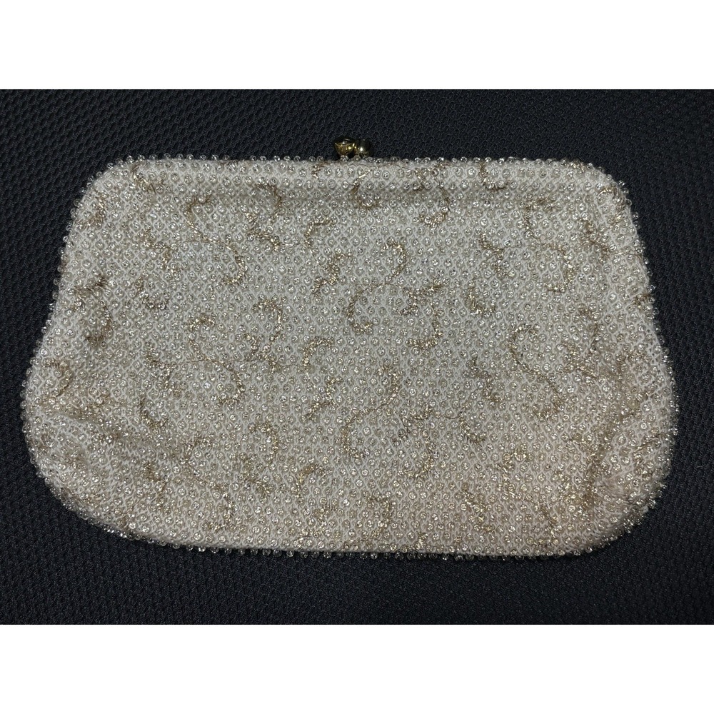 Vintage 1950-60s Lumiered Corde Beaded Hand Bag/Purse/Clutch Ivory/cream & Gold - Picture 7 of 14